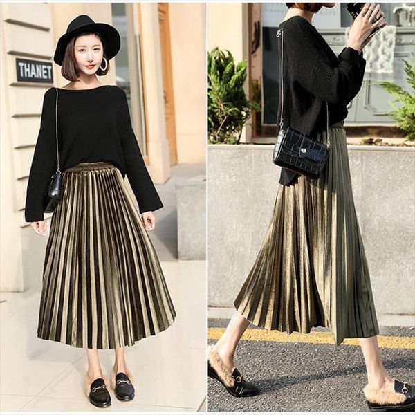 

gold velvet pleated spring womens skirts and autumn korean a line high waist mid length umbrella, Black