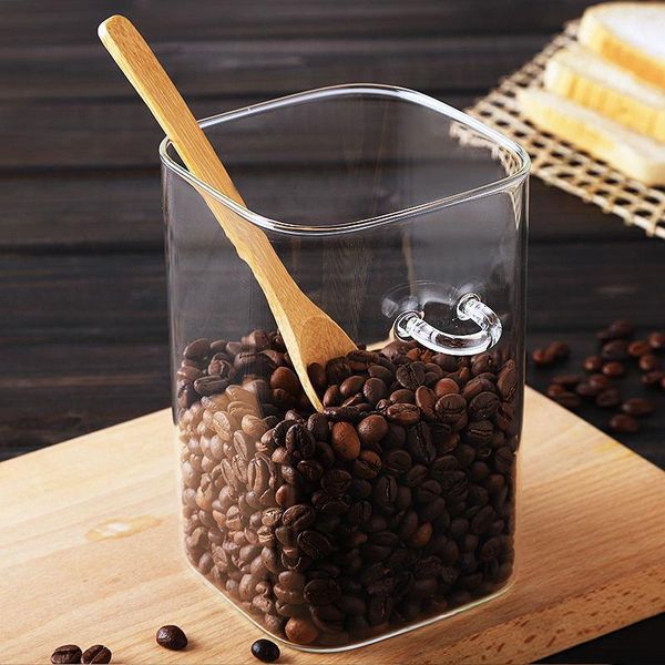 

storage bottles & jars clear glass canister with bamboo spoon square shape easy to hand sealed container durable convenient for home canq889