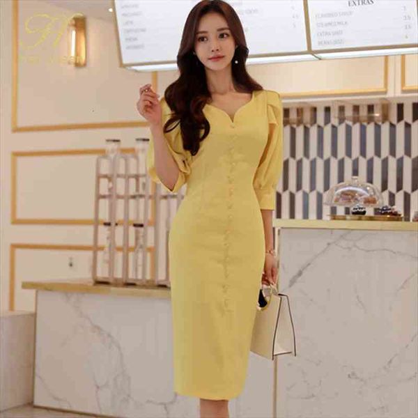 

spring sheath pencil korean women dress v neck single breasted puff sleeve work party slim bodycon dresses, Black;gray
