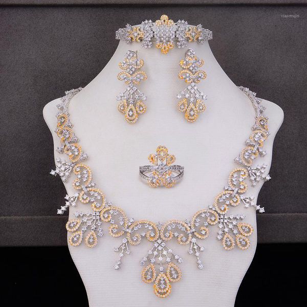 

earrings & necklace godki super luxury bicolor crown design women wedding naija bridal cubic zirconia dubai dress jewelry set, Silver