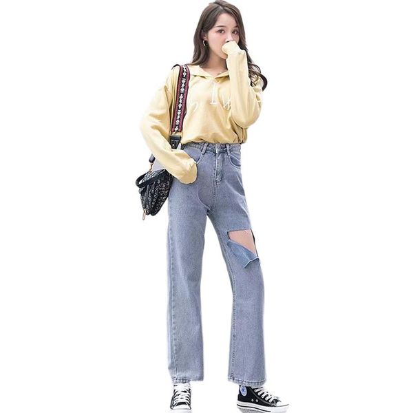 

women's jeans factory sale women boyfriend wide leg cotton spring autumn streetwear loose ripped high waist denim womens, Blue