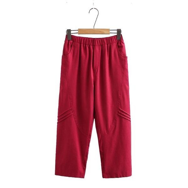 

women's pants & capris chinese style women summer cotton linen cropped trousers red black khaki beige elastic waist crop pant woman bas, Black;white