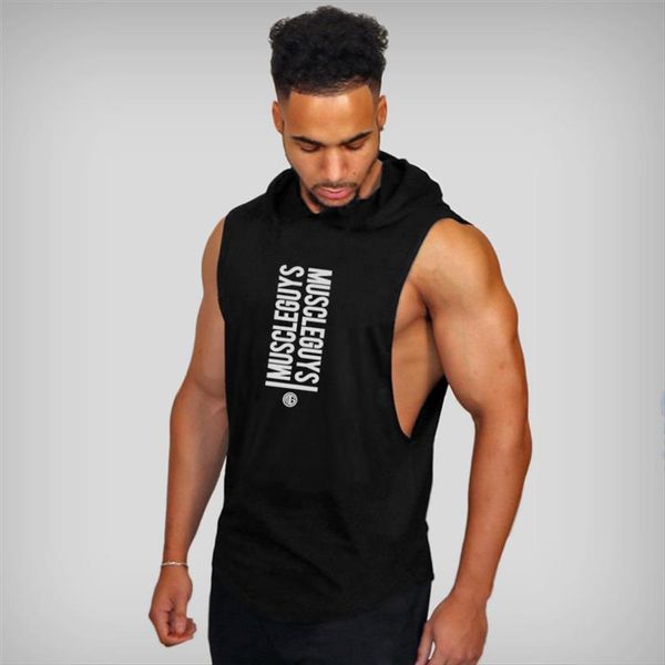 

brand gyms clothing cotton sleeveless mens hoodie men slim fit workout fitness vest bodybuilding stringer tank hoody, White;black