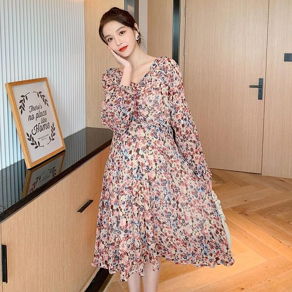 

maternity dresses 6017# clothes spring autumn chiffon long sleeve easy matching loose v neck floral dress for pregnant women mom, White