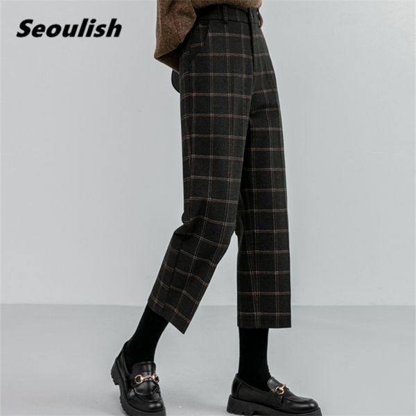 

seoulish autumn winter woolen plaid women formal straight pants high waist ankle-length chic loose ladies pocket 211124, Black;white