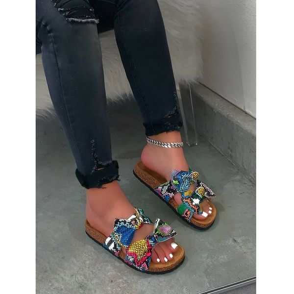 

2021 fashion multicolor double row bowknot outdoor women slippers all-match wood grain bottom beach plus size women slipper, Black