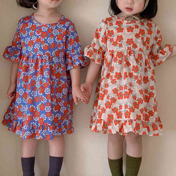 

girl's dresses summer japanese korean style casual floral for girls long clothing kid clothes t4bf, Red;yellow