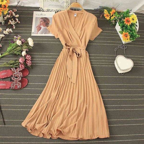 

summer solid green/khaki pleated dress women high waist short sleeve sashes dresses elegant vestidos 210426, Black;gray