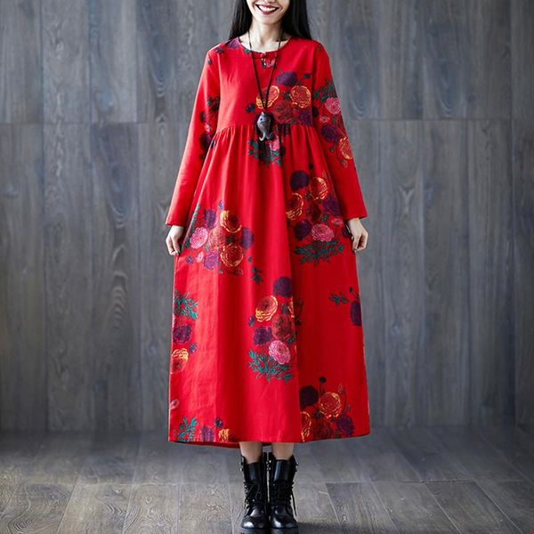

casual dresses women loose cotton linen dress floral printed o neck long sleeve pockets plus size midi oversized autumn robe, Black;gray