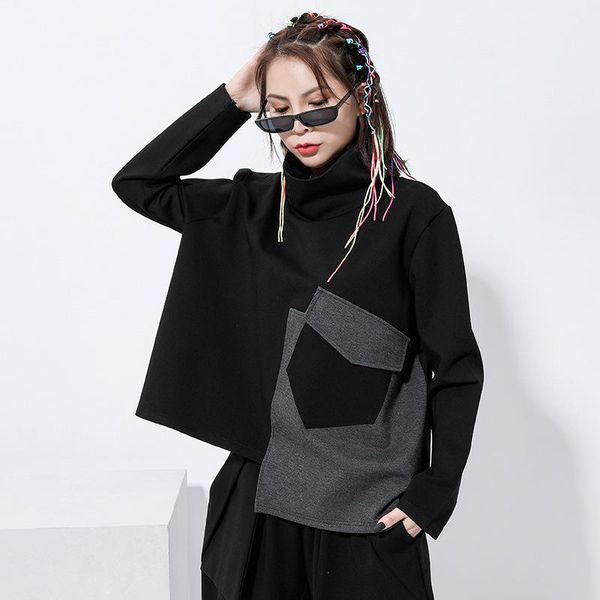 

women's hoodies & sweatshirts harajuku turtleneck women patchwork irregular basic loose fit pullovers colour block 2021 spring summer, Black