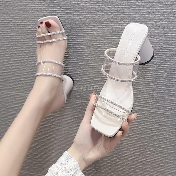 

transparent high heels women slippers summer shoes pvc clear strappy bling square zapatillas mujer casa sapatos femininos, Black