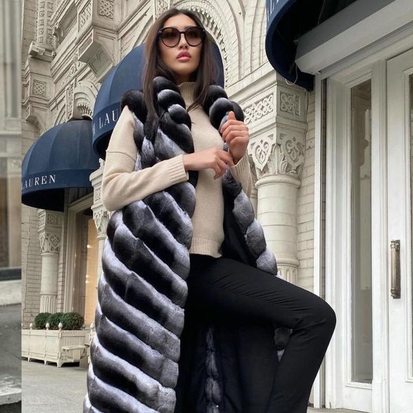 

women's fur & faux 2021 winter long rex vest natural women thick warm overcoat luxury genuine gilets turn-down collar, Black