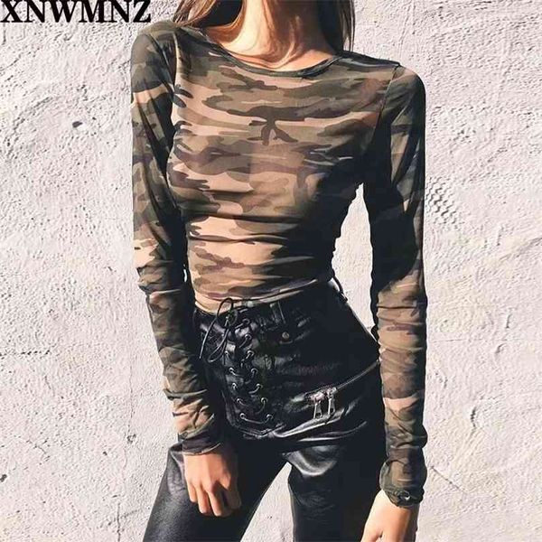 Bigsweety Donna Crop Top Estate Autunno Camouflage Stampa Tees T-shirt Moda Basic Manica lunga O-Collo Sexy T-shirt corte 210520