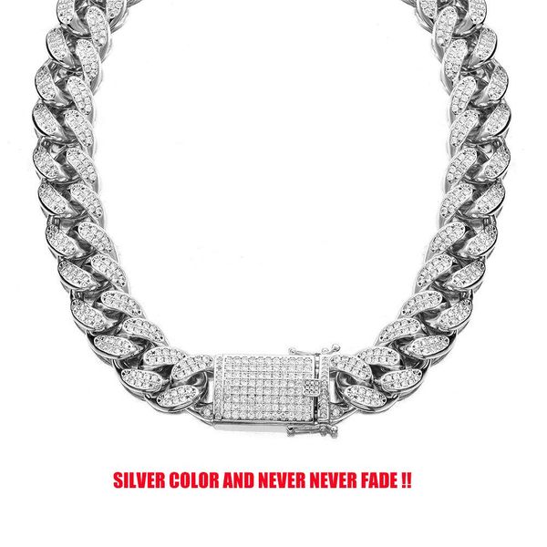 

18mm never fade stainless steel rhinestones cuban link chain necklace men hip hop bling iced out cz necklaces jewelry, Silver