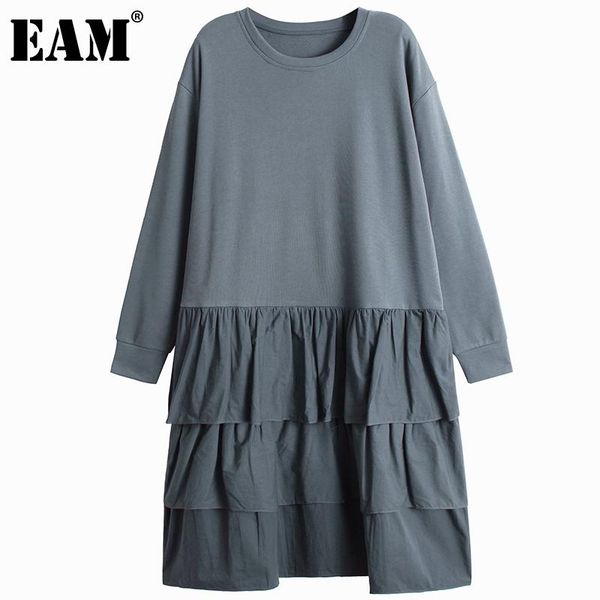 

casual dresses [eam] women blue hem ruffles big size dress round neck long sleeve loose fit fashion tide spring autumn 2021 1de2267, Black;gray
