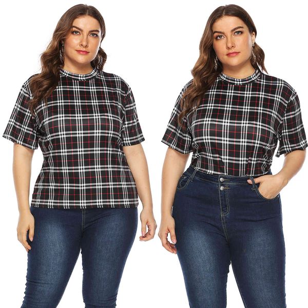 

women's plus size large plaid print half high ne loose short sleeve t-shirt 10016