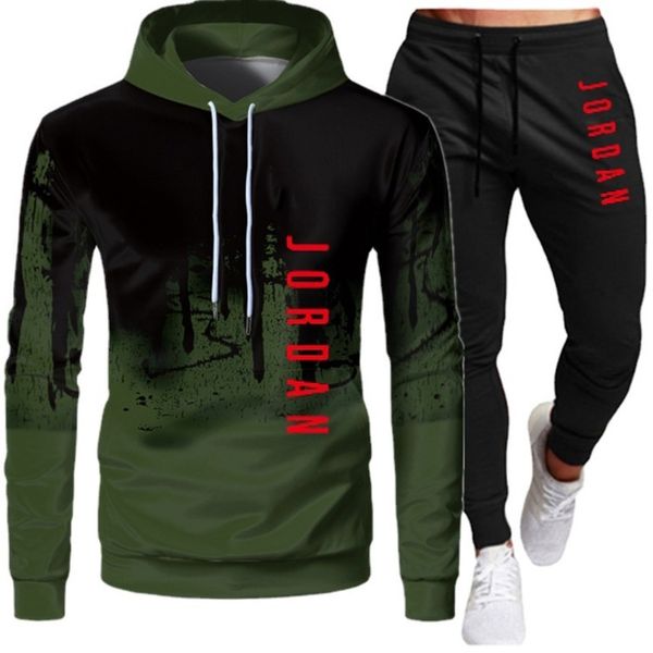 

new autumn winter sports pullover long sve loose hoodie men's printed sweater set, Black