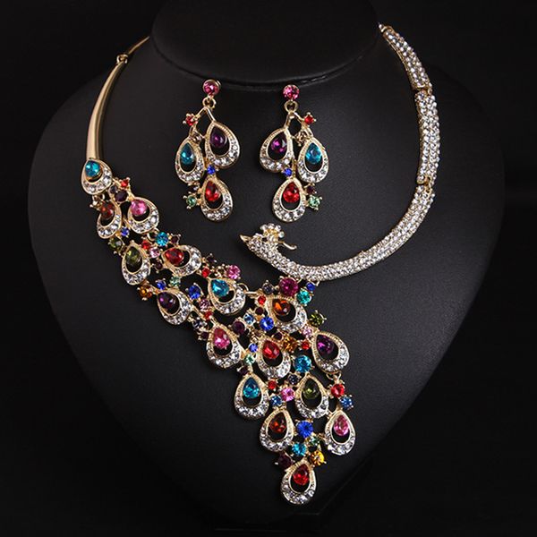 

full diamond color peacock necklace earring set bridal dress accessories, Silver