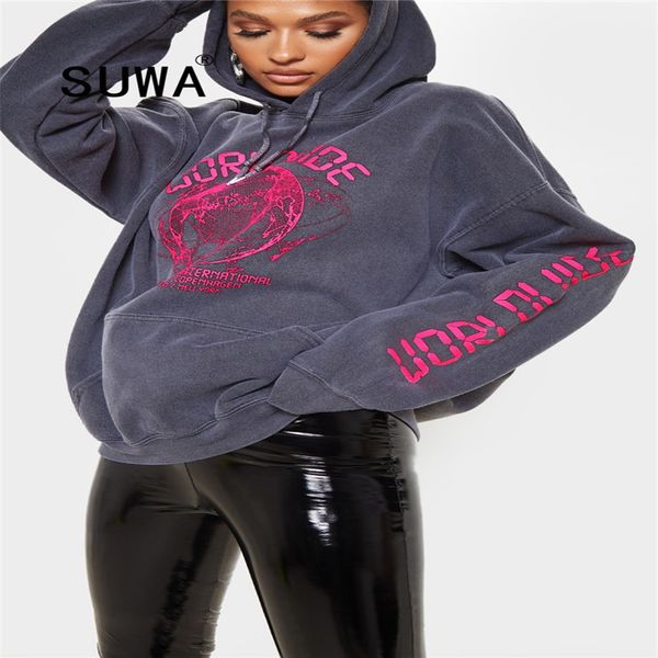 

women letter printed hoodies sweatshirt long sleeve pullover retro oversize t-shirt fall winter bf style cool girl wholesale 210525, Black