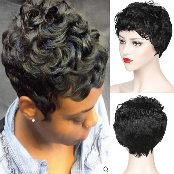 

synthetic wigs women short black brown wavy curly wig heat resistant fiber with bang for daily party use nature looking