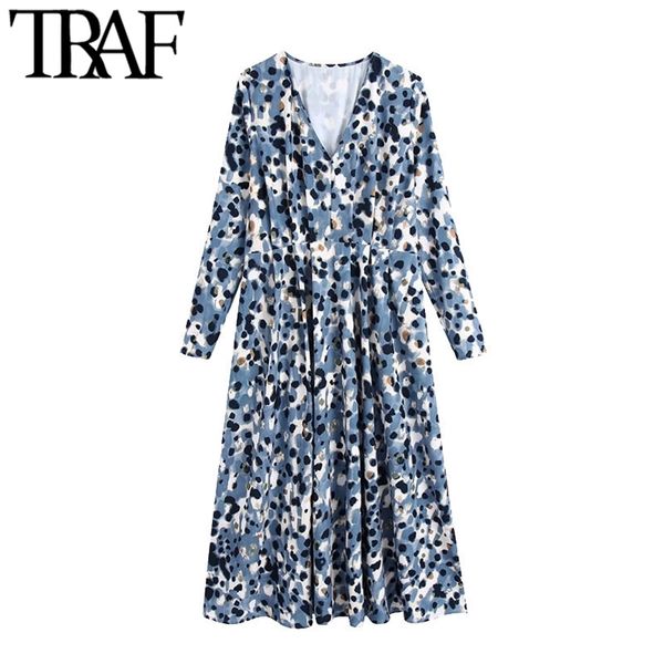 

women chic fashion leopard print pleated midi dress vintage v neck long sleeve female dresses vestidos mujer 210507, Black;gray