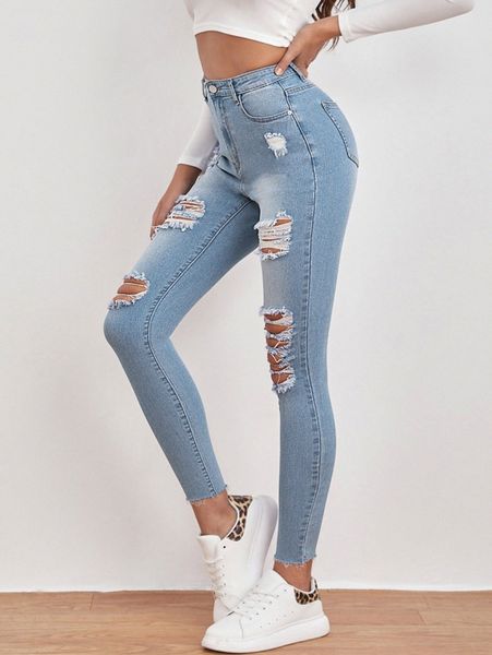 

high waisted ripped raw hem skinny jeans f4fh#, Blue