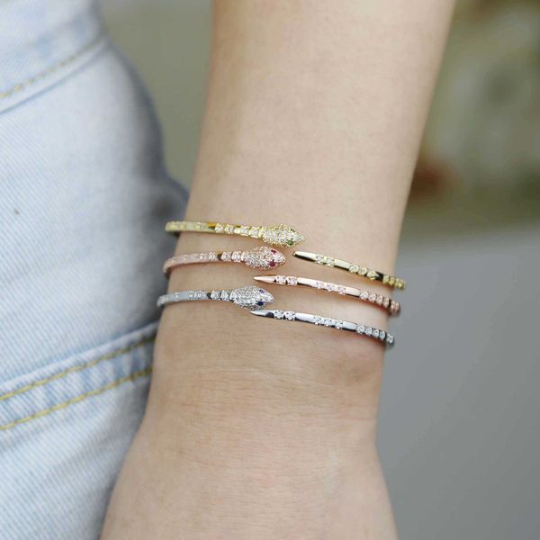 

blue red green 3 colors micro pave cz snake open adjusted women jewelry bangle bracelet q0717, Black