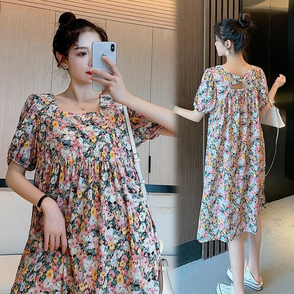 

59818# maternity dress summer short sleeves loose stylish floral pregnant women mom dresses, White