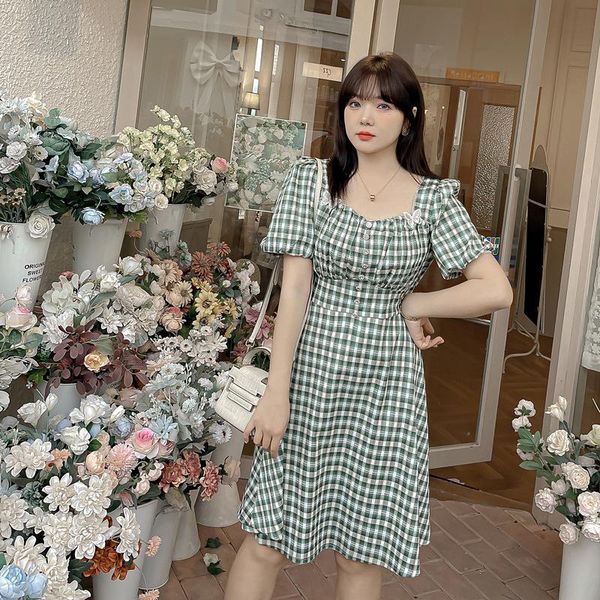 

casual dresses women's summer square neck buttons bowknot dress plus size knee length 100kg can wear, Black;gray