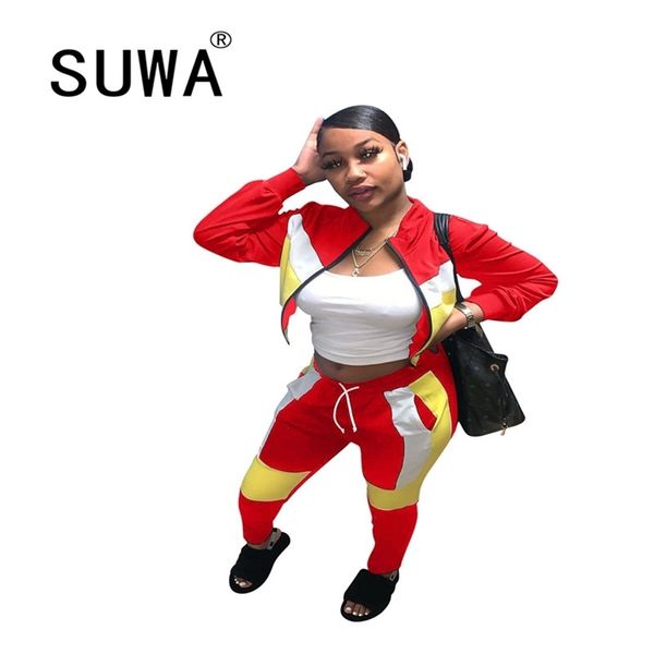 

tracksuit women sets clothes contrast patchwork zipper long sleeve jacket jogger pants cool girl streetwear 210525, White