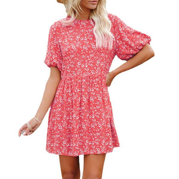 

2022 summer new o neck loose floral dress lantern sleeve slim print fashion casual mini dresses, Black;gray