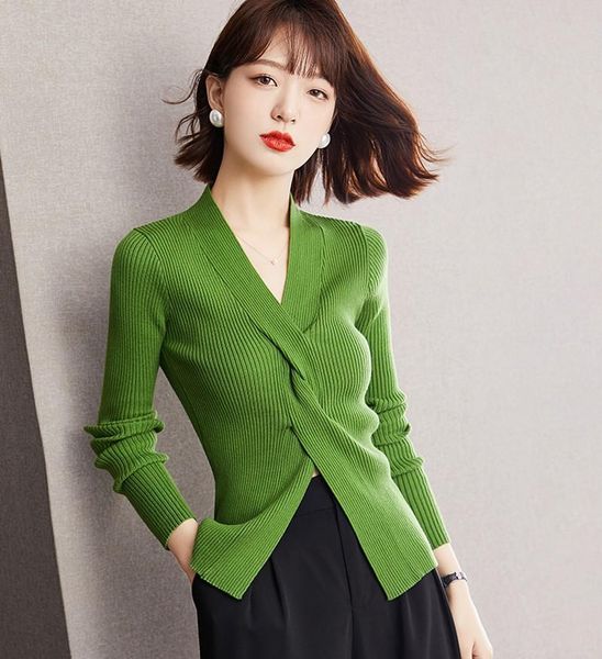 

women's sweaters 2021 autumn fashion women v-neck long sleeve cross-knot front split knit sweater, White;black