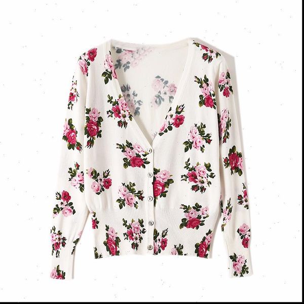 

rose print women sweater v neck slim short knitted cardigan modis spring and autumn arrival wholesale price, White;black