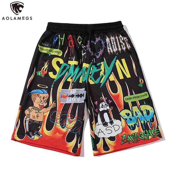 AOLAMEGS Shorts Homens dos desenhos animados Flama Graffiti Imprimir praia Joelho-Comprimento Hip Hop Bermuda Estilo Elástico Cintura High Street Verão 210716