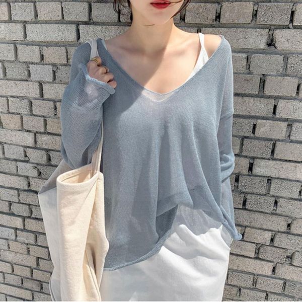 

women's sweaters korean chic style spring and summer thin type sunscreen blouse women 's loose pullover v-neck perspective sweater, White;black