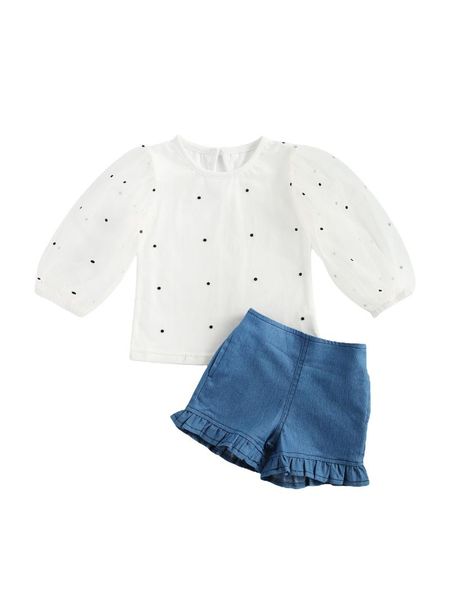

clothing sets little toddler baby girl tulle puff long sleeve t-shirt ruffle jeans shorts denim pants girls summer clothes outfits set, White