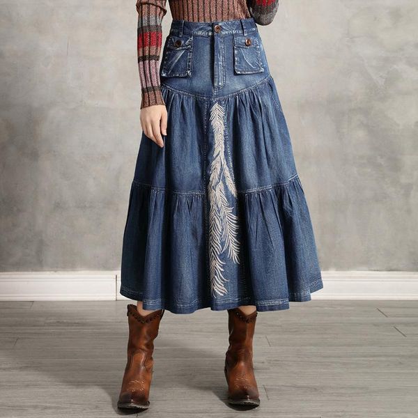 

skirts fashion long mid-calf denim jeans for women s-xl spring autumn high waist embroidery, Black