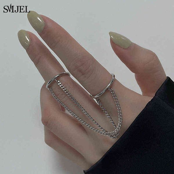 

hip hop punk chain double ring set women fashion open ring metal silver color chain geometric party jewelry girls gifts friend g1125, Slivery;golden