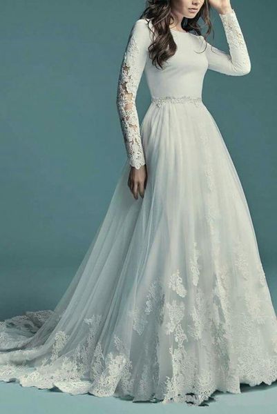 

2021 arrival a-line country modest wedding dress with long sleeves lace tulle buttons back scoop neck religious lds bridal gown sleeved, White