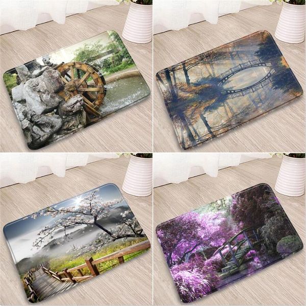 

bath mats forest scenery bathroom mat waterwheel wooden bridge plant flowers doorway welcome rugs bedroom kitchen non-slip carpet washable
