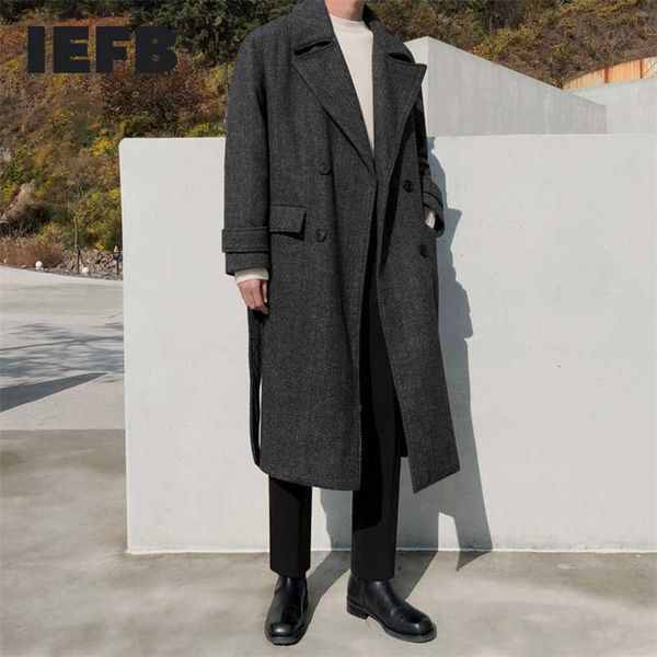

iefb mrcyc winter heavy woolen overcoat men's korean version knee length windbreaker loose herringbone coat fashion 9y4487 211122, Black