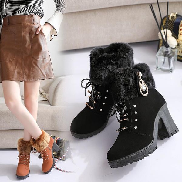 

boots 2021 winter women fashion high-heeled suede lining short plush casual warmth high heels, Black