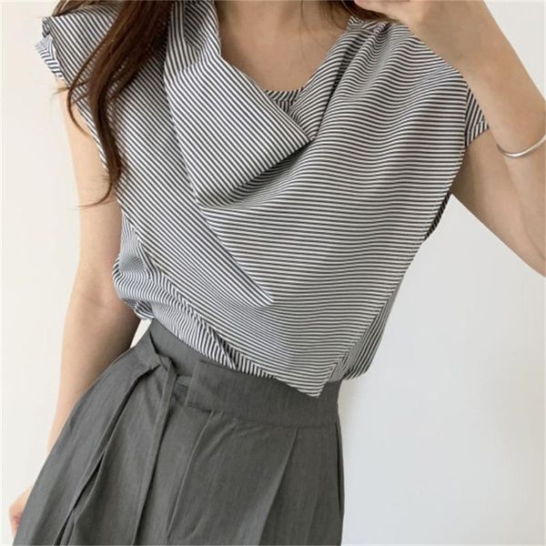 

women's blouses & shirts 2021 design striped sleeveless retro women summer geometric o-neck ol slim casual femme, White