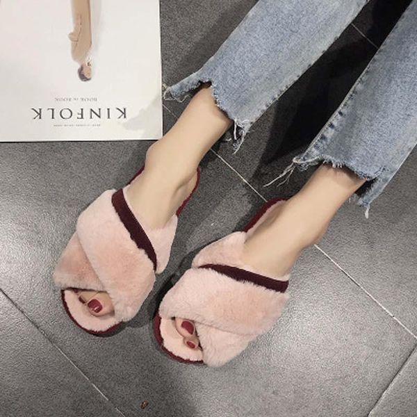 

cross open toe hairy slippers women's autumn and winter warm home indoor flat non-slip floor cotton, Black