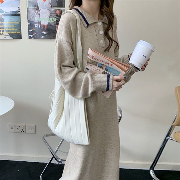 

korean women casual loose maxi dress autumn winter fashion lady chic knitted dresses female outear vestidos stretchy 210601, Black;gray