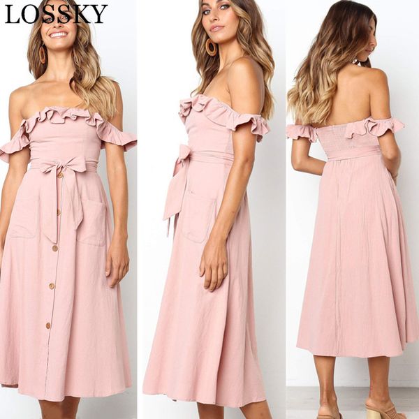 

summer off shoulder backless dress ruffles button belt bow beach party midi strapless ladies long sundress for women 210520, Black;gray