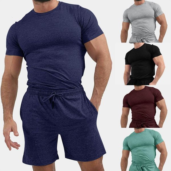 

summer 2 piece set mens tracksuits beach short sleeve t shirt shorts pants sets men pure color suit clothes ropa, Gray