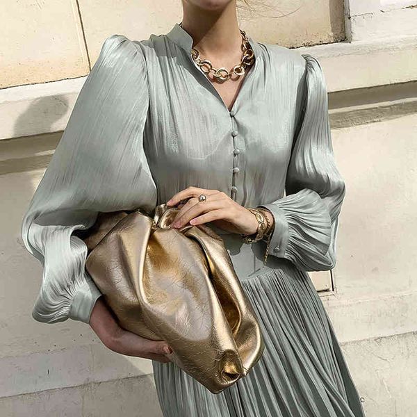 Элегантный весенний дизайн атласный рукав A-Line Folds платье женщин V-образным вырезом Высокая талия кнопки платье сплошные старинные длинные платья CHIC Lady 210514