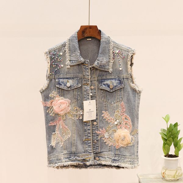 

jacket vintage autumn flower jeans women waistcoat beading holes korean casual denim vest sleeveless jacket female chaleco mujer, Black;brown