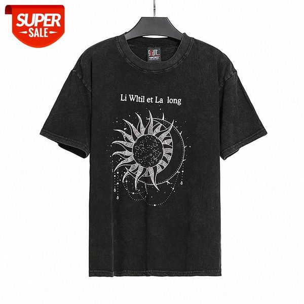 

streetwear men high street retro wash water distressed sun flower short-sleeved t-shirt #0w5t, White;black